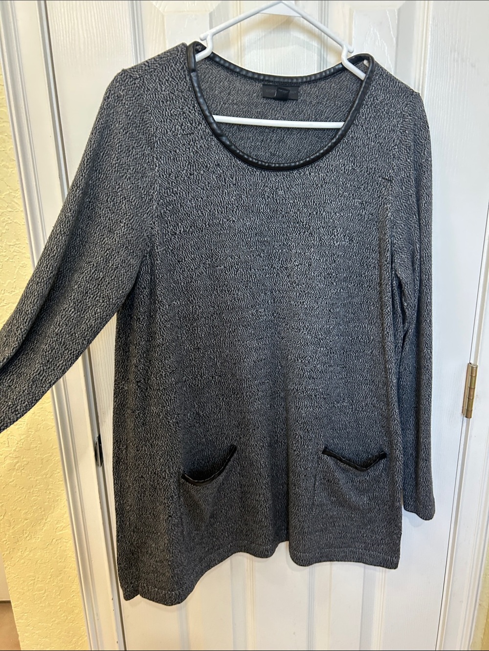 Worthington Heather Gray Crewneck Sweater with Faux Leather Trim